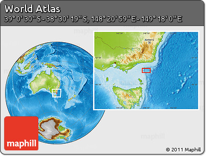 Physical Location Map of the Area around 38° 45' 25" S, 148° 49' 29" E