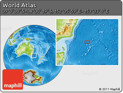 Physical Location Map of the Area around 38° 45' 25" S, 153° 4' 29" E