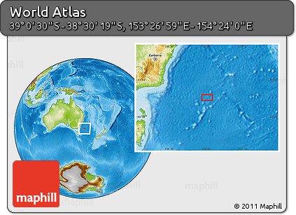 Physical Location Map of the Area around 38° 45' 25" S, 153° 55' 30" E