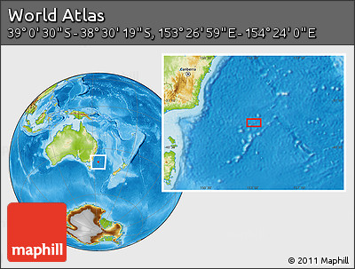 Physical Location Map of the Area around 38° 45' 25" S, 153° 55' 30" E