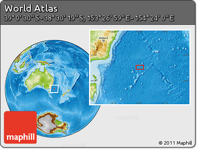 Physical Location Map of the Area around 38° 45' 25" S, 153° 55' 30" E