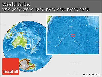 Physical Location Map of the Area around 38° 45' 25" S, 156° 28' 29" E