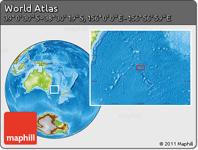 Physical Location Map of the Area around 38° 45' 25" S, 156° 28' 29" E