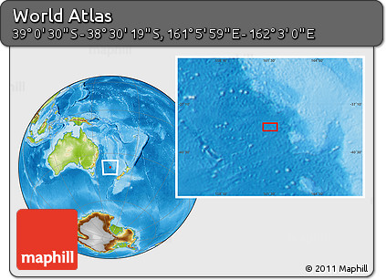 Physical Location Map of the Area around 38° 45' 25" S, 161° 34' 29" E