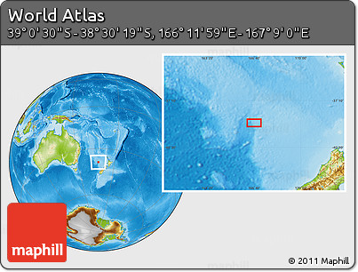 Physical Location Map of the Area around 38° 45' 25" S, 166° 40' 30" E