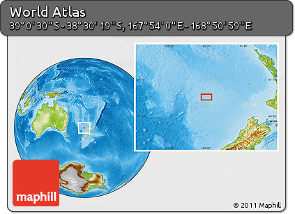 Physical Location Map of the Area around 38° 45' 25" S, 168° 22' 30" E