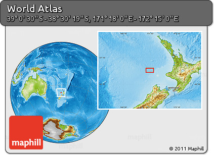 Physical Location Map of the Area around 38° 45' 25" S, 171° 46' 30" E