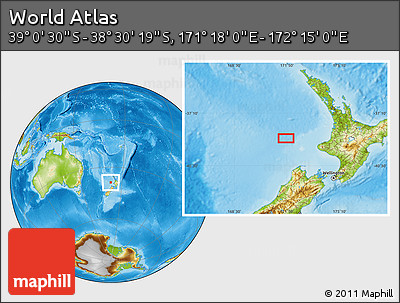 Physical Location Map of the Area around 38° 45' 25" S, 171° 46' 30" E
