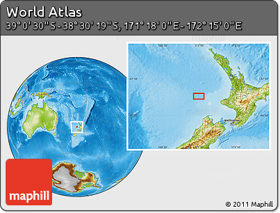 Physical Location Map of the Area around 38° 45' 25" S, 171° 46' 30" E