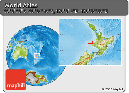 Physical Location Map of the Area around 38° 45' 25" S, 173° 28' 29" E
