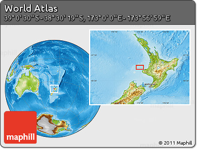 Physical Location Map of the Area around 38° 45' 25" S, 173° 28' 29" E