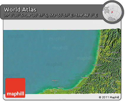 Satellite 3D Map of the Area around 38° 45' 25" S, 174° 19' 29" E