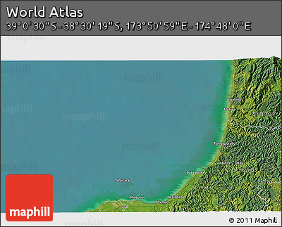 Satellite 3D Map of the Area around 38° 45' 25" S, 174° 19' 29" E