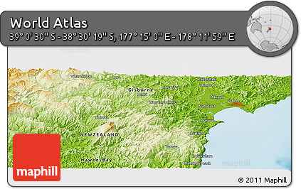 Physical Panoramic Map of the Area around 38° 45' 25" S, 177° 43' 29" E