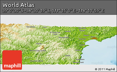 Physical Panoramic Map of the Area around 38° 45' 25" S, 177° 43' 29" E