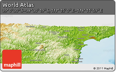 Physical Panoramic Map of the Area around 38° 45' 25" S, 177° 43' 29" E