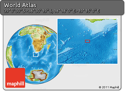 Physical Location Map of the Area around 38° 45' 25" S, 18° 46' 29" E