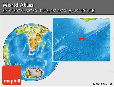 Physical Location Map of the Area around 38° 45' 25" S, 18° 46' 29" E