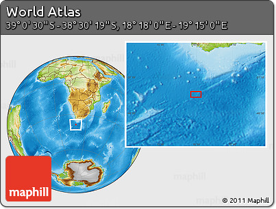 Physical Location Map of the Area around 38° 45' 25" S, 18° 46' 29" E