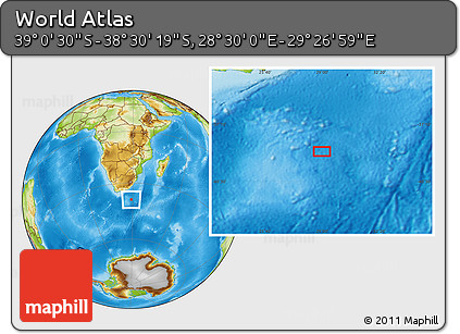 Physical Location Map of the Area around 38° 45' 25" S, 28° 58' 30" E
