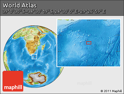 Physical Location Map of the Area around 38° 45' 25" S, 28° 58' 30" E