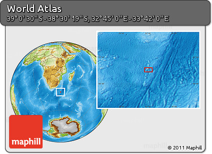 Physical Location Map of the Area around 38° 45' 25" S, 33° 13' 30" E