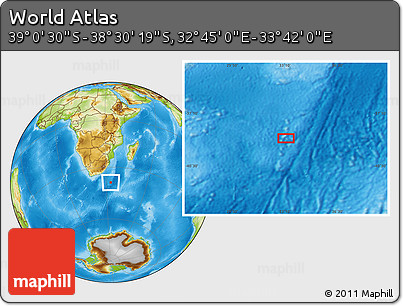 Physical Location Map of the Area around 38° 45' 25" S, 33° 13' 30" E