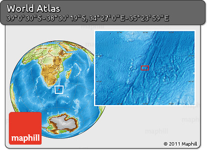 Physical Location Map of the Area around 38° 45' 25" S, 34° 55' 29" E