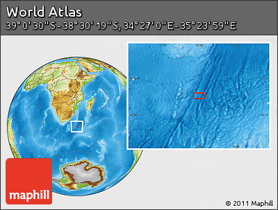 Physical Location Map of the Area around 38° 45' 25" S, 34° 55' 29" E
