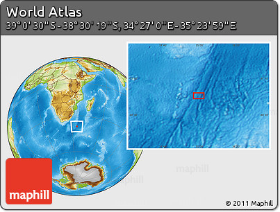 Physical Location Map of the Area around 38° 45' 25" S, 34° 55' 29" E