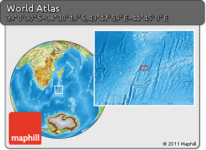 Physical Location Map of the Area around 38° 45' 25" S, 44° 16' 29" E