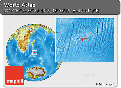 Physical Location Map of the Area around 38° 45' 25" S, 49° 22' 30" E
