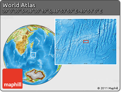 Physical Location Map of the Area around 38° 45' 25" S, 49° 22' 30" E