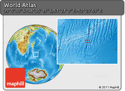 Physical Location Map of the Area around 38° 45' 25" S, 51° 55' 29" E