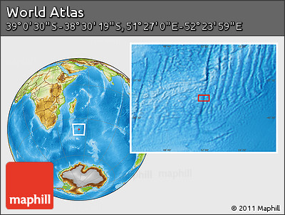 Physical Location Map of the Area around 38° 45' 25" S, 51° 55' 29" E