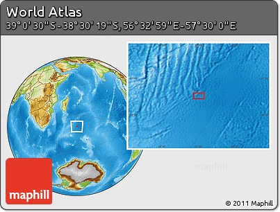 Physical Location Map of the Area around 38° 45' 25" S, 57° 1' 29" E