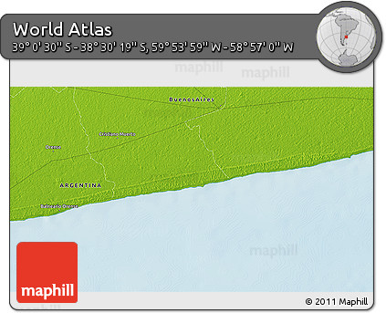 Physical 3D Map of the Area around 38° 45' 25" S, 59° 25' 29" W