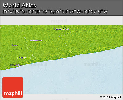 Physical 3D Map of the Area around 38° 45' 25" S, 59° 25' 29" W