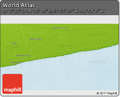 Physical 3D Map of the Area around 38° 45' 25" S, 59° 25' 29" W