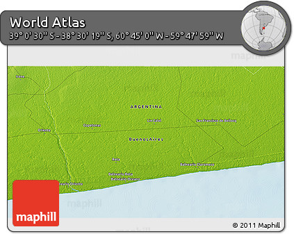 Physical 3D Map of the Area around 38° 45' 25" S, 60° 16' 29" W