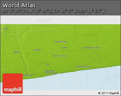 Physical 3D Map of the Area around 38° 45' 25" S, 60° 16' 29" W
