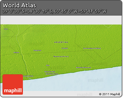 Physical 3D Map of the Area around 38° 45' 25" S, 60° 16' 29" W