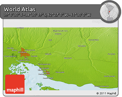 Physical 3D Map of the Area around 38° 45' 25" S, 61° 58' 30" W