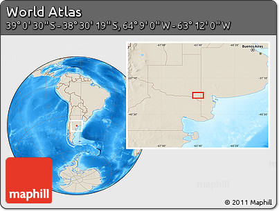 Shaded Relief Location Map of the Area around 38° 45' 25" S, 63° 40' 30" W