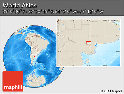 Shaded Relief Location Map of the Area around 38° 45' 25" S, 63° 40' 30" W