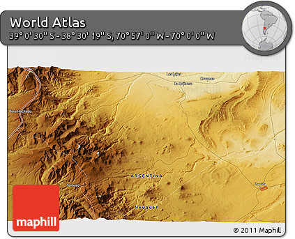 Physical 3D Map of the Area around 38° 45' 25" S, 70° 28' 29" W