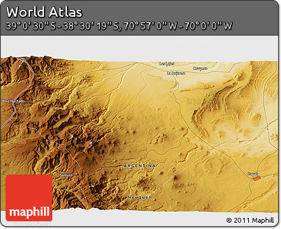 Physical 3D Map of the Area around 38° 45' 25" S, 70° 28' 29" W