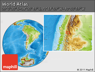 Physical Location Map of the Area around 38° 45' 25" S, 71° 19' 29" W