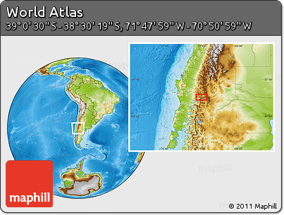 Physical Location Map of the Area around 38° 45' 25" S, 71° 19' 29" W