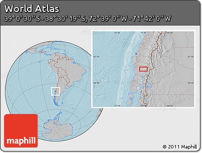 Gray Location Map of the Area around 38° 45' 25" S, 72° 10' 30" W, hill shading